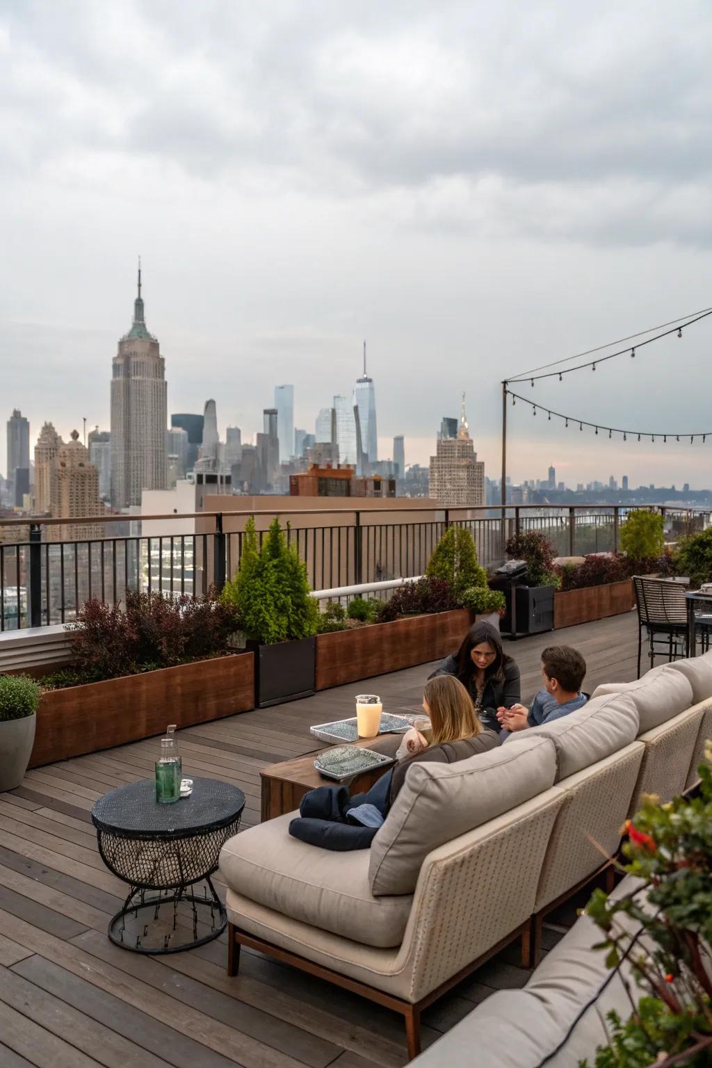 Cozy outdoor seating on a rooftop, perfect for relaxation.