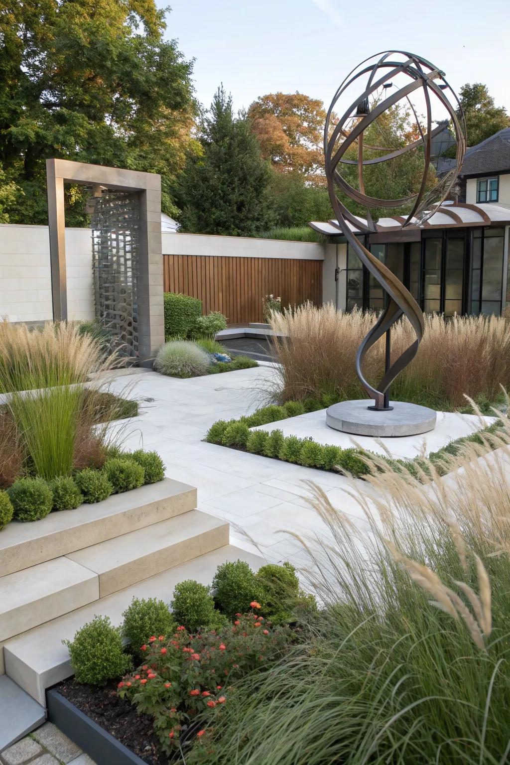 Abstract metal forms add a sleek, modern touch to any garden.