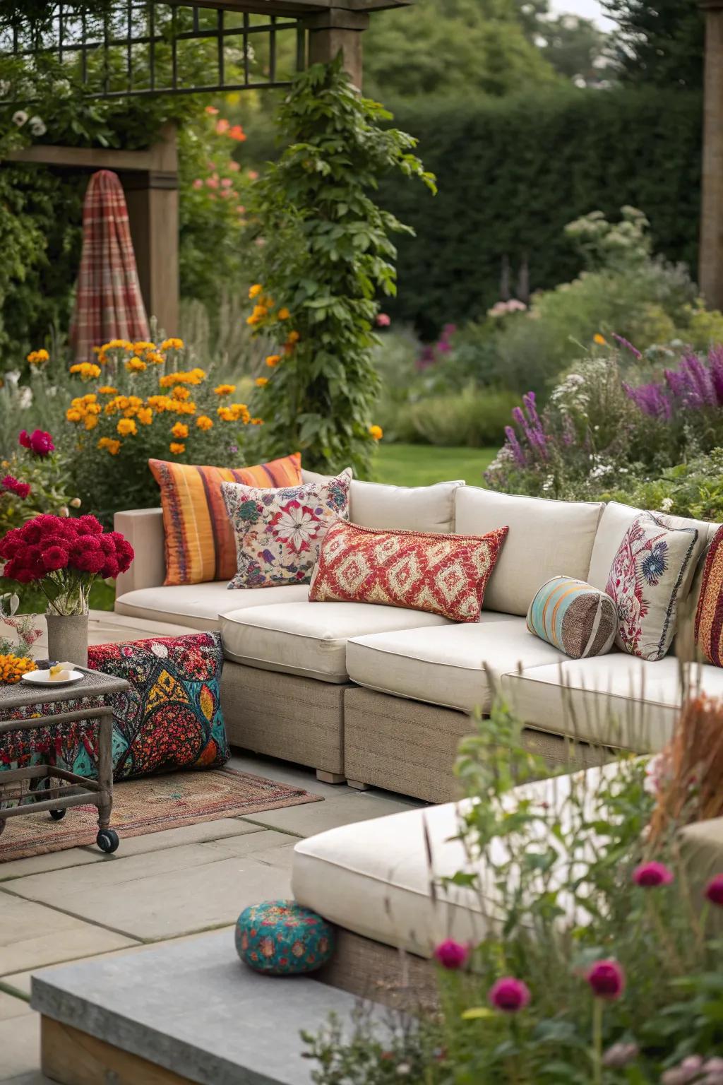 A cozy garden seating area with sectional sofas and plush cushions.