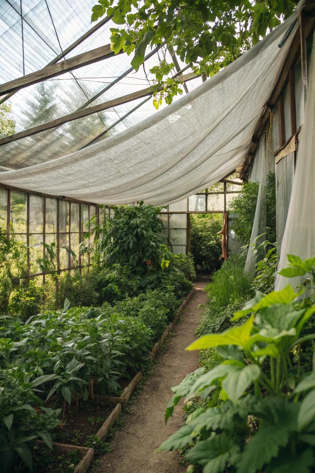 Greenhouse cooled with a smart shade cloth application.