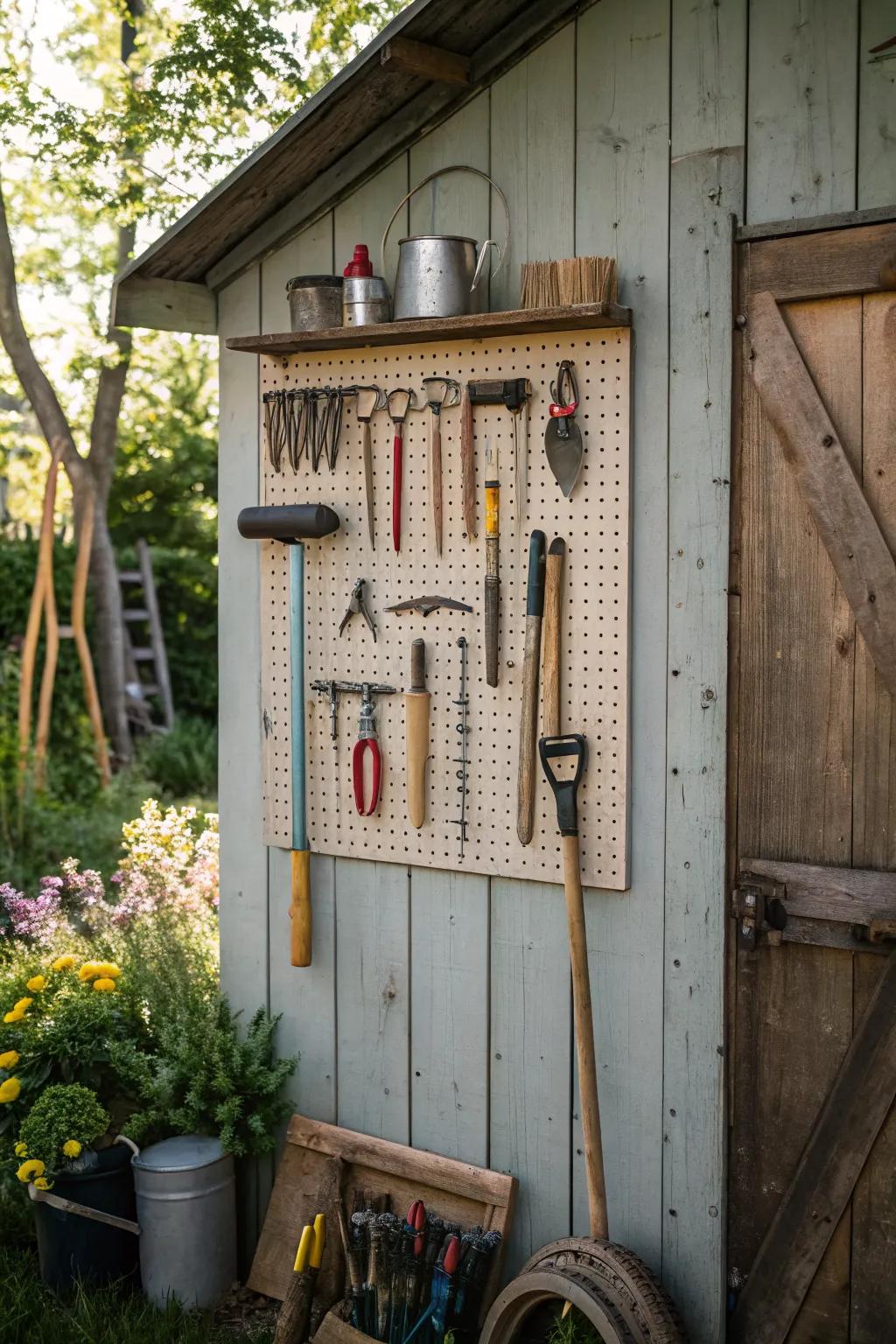 Maximize your shed’s vertical space with pegboards and hooks.