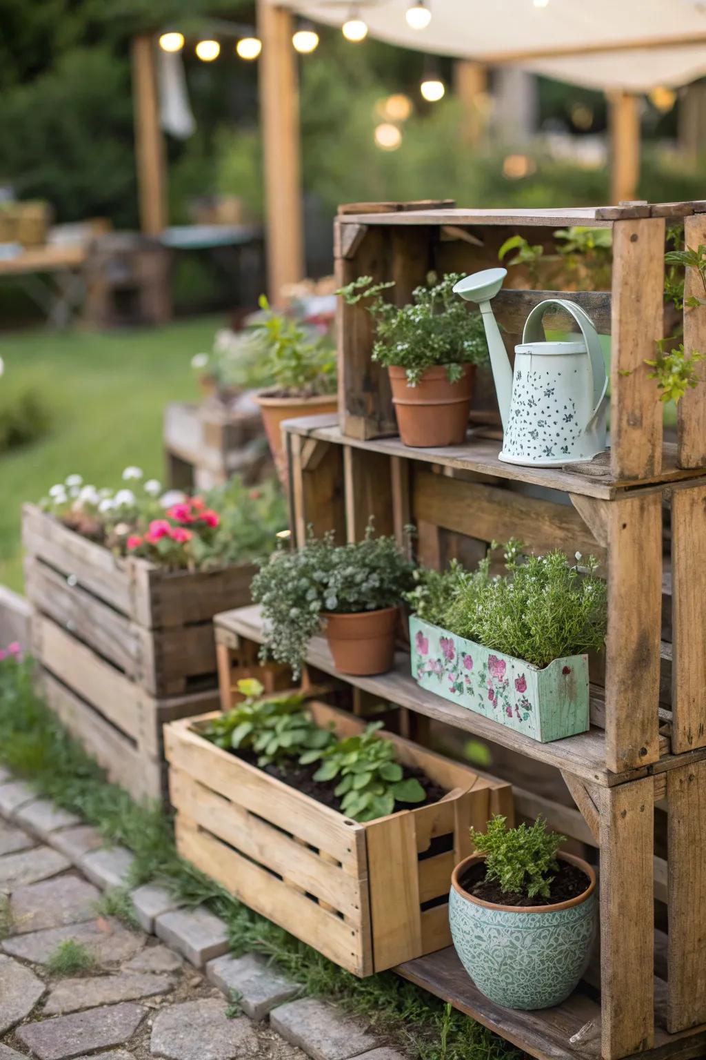 Rustic charm with upcycled crate shelves.