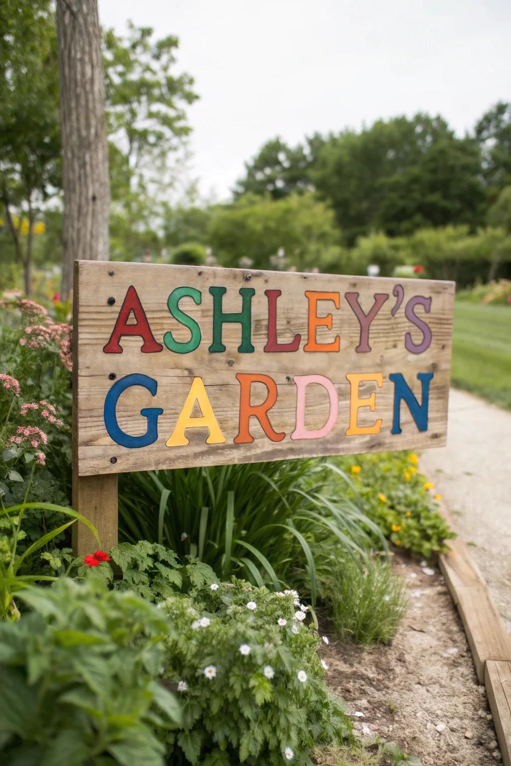 A personalized garden sign warmly welcomes visitors.