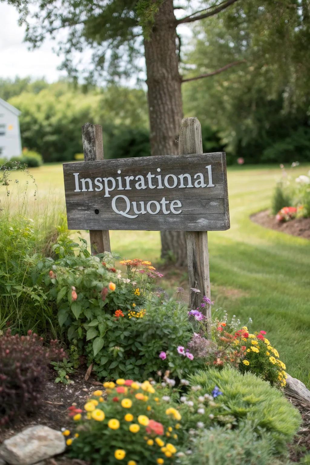 A wooden garden sign with an inspirational quote surrounded by vibrant blooms.