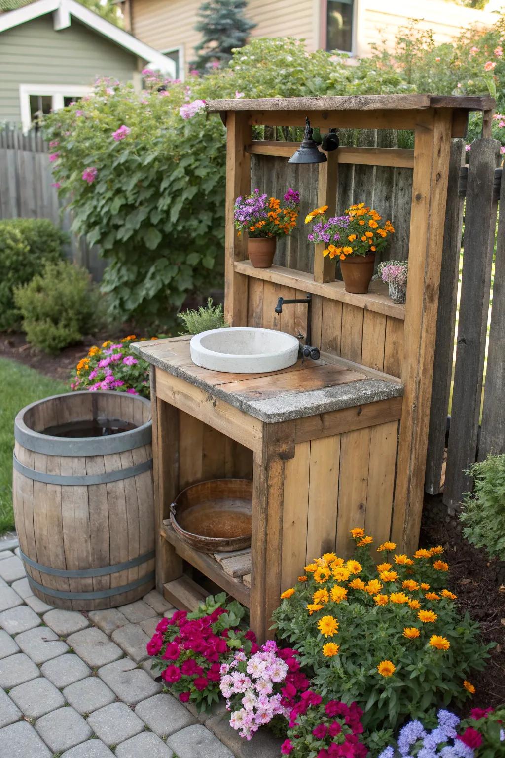 A rustic wooden sink station crafted from a wooden barrel, surrounded by vibrant garden blooms.