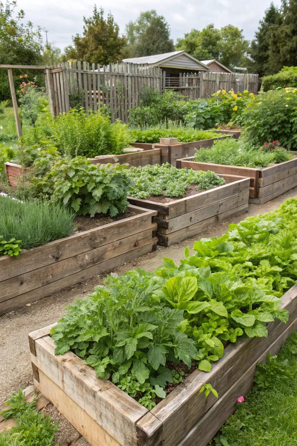 Raised garden beds crafted from sleepers, brimming with healthy plants.