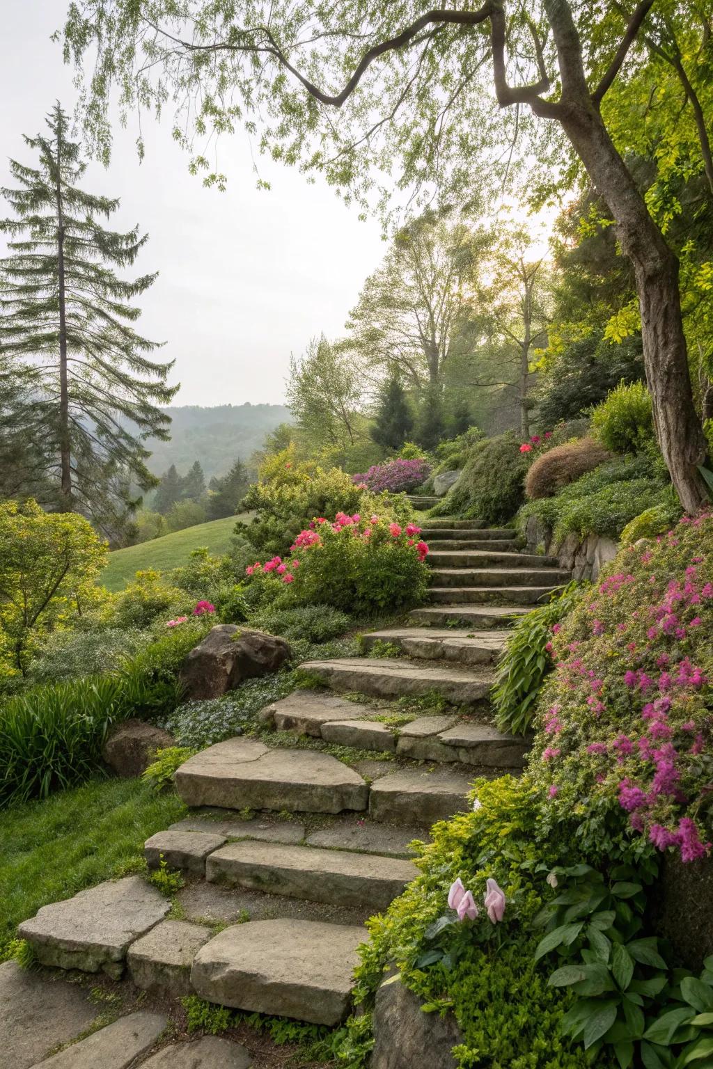 Stone slab stairs nestled in a lush garden setting.