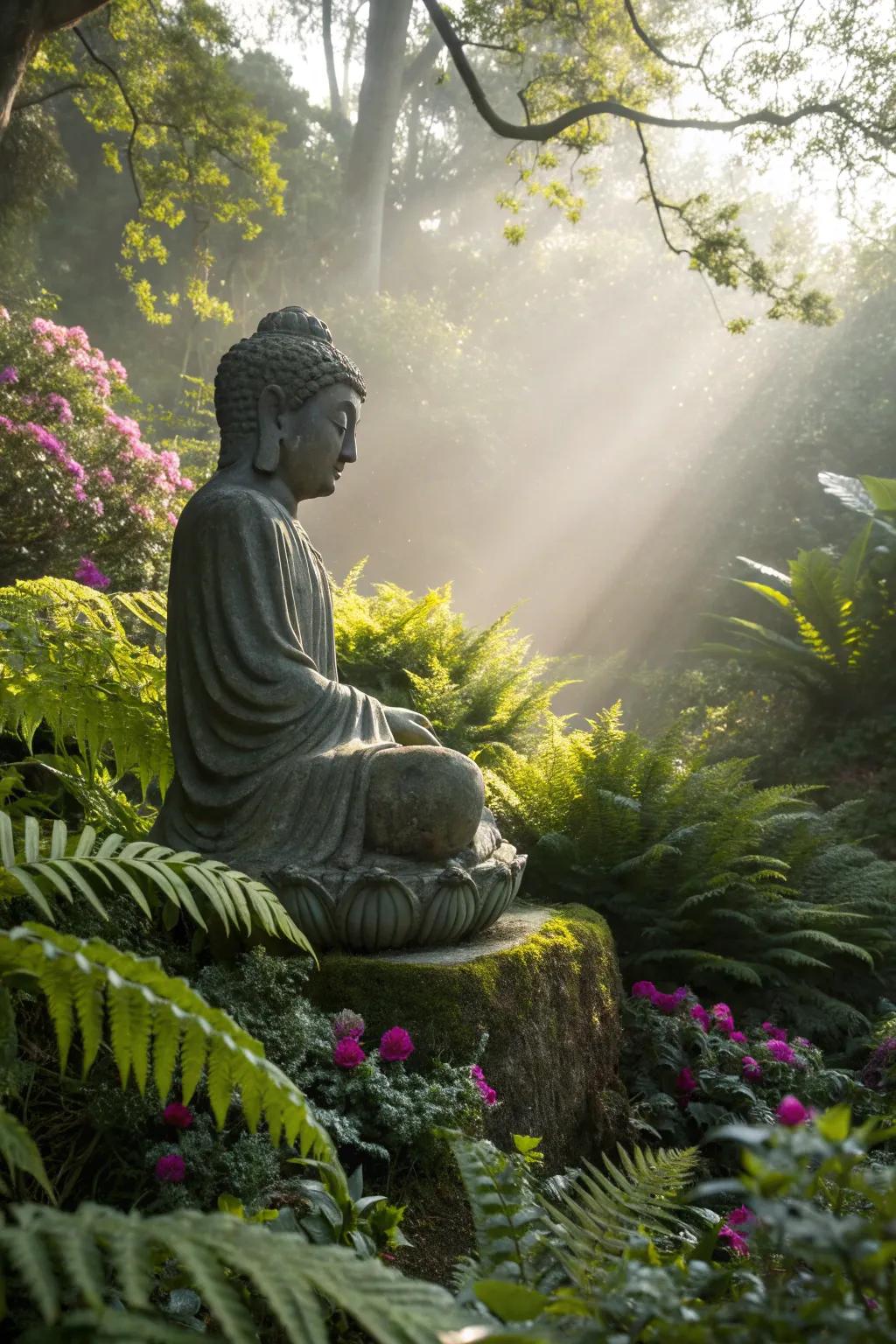 A Buddha statue brings peace and tranquility to your garden retreat.