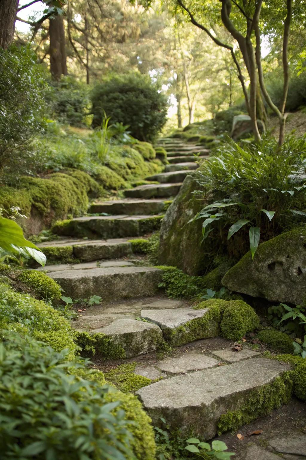 Natural stone steps blend elegance with nature.