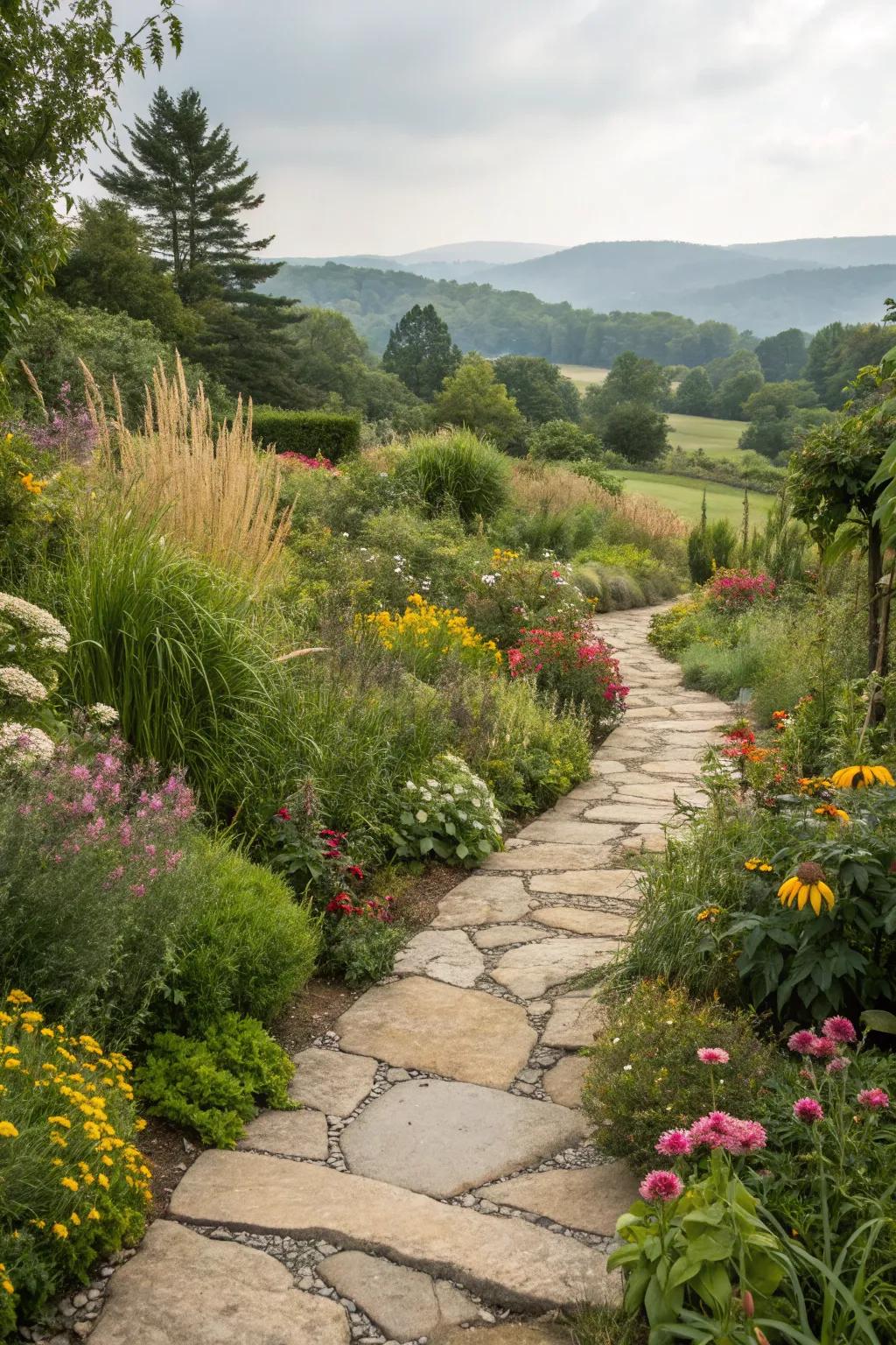 A charming stone pathway adds a rustic touch to any garden.