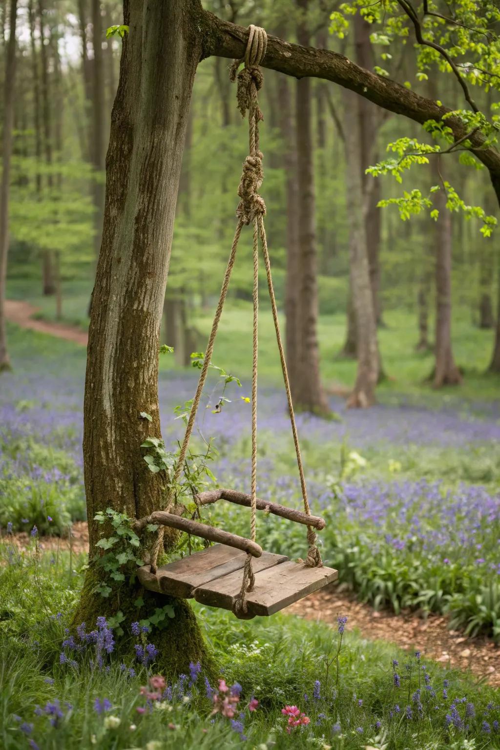 A rustic wooden swing blends seamlessly with nature, offering a serene escape.