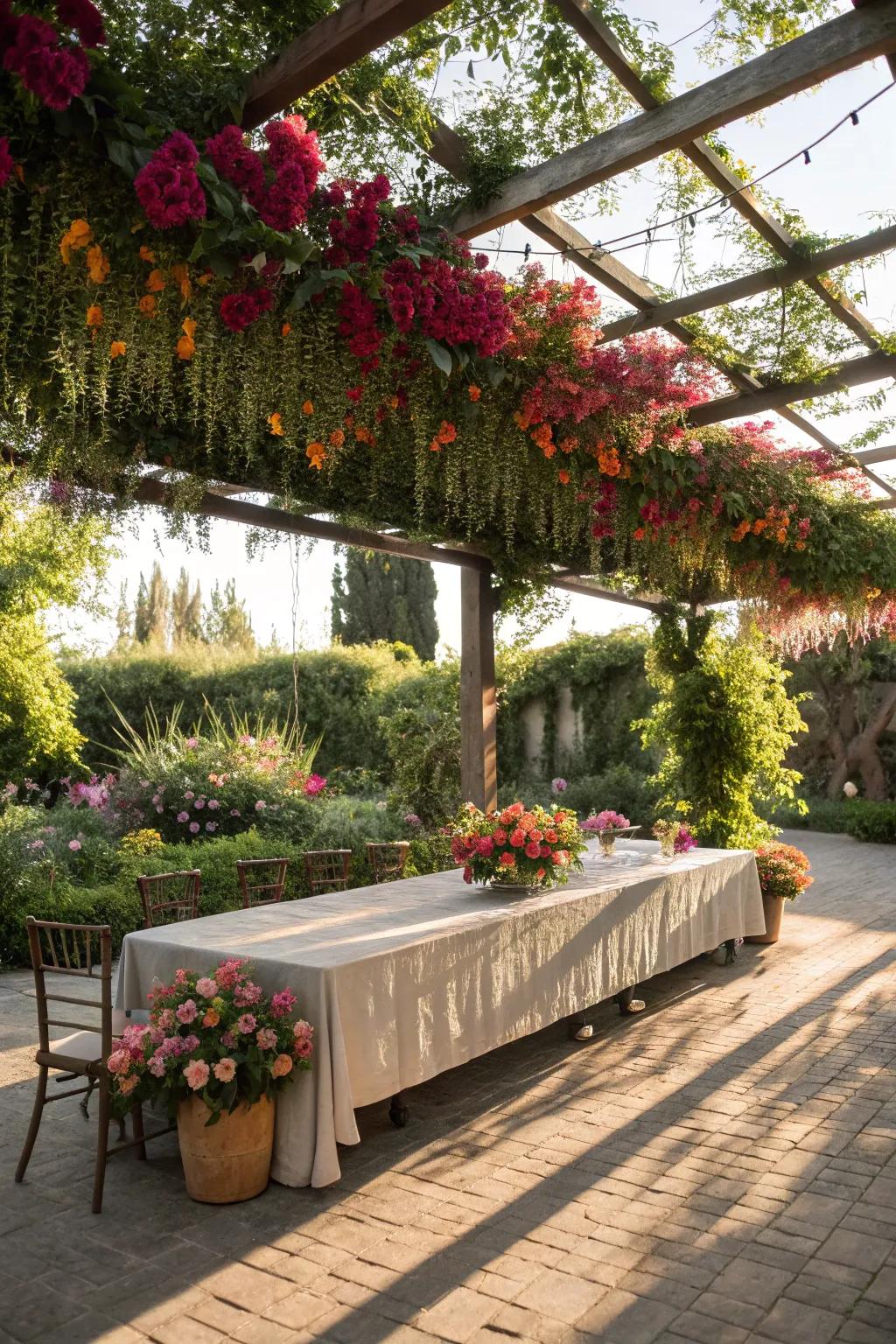 A magical floral canopy creates an enchanting bridal shower atmosphere.