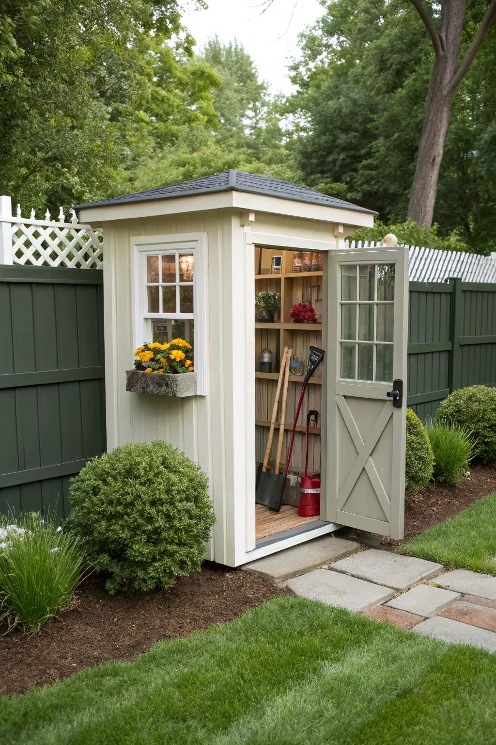 A compact garden tool shed maximizing corner space.