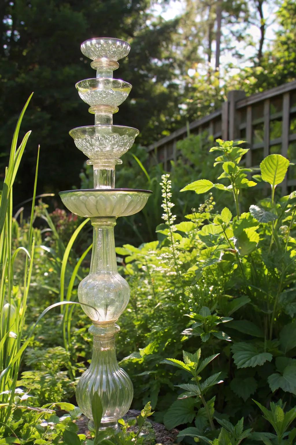 Repurposed glassware totems add a touch of elegance and sparkle to your garden.