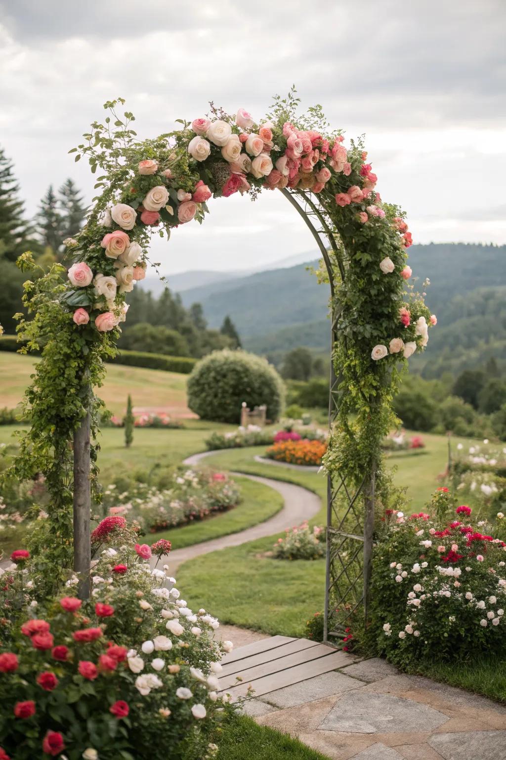 Stunning floral arch creating a memorable ceremony backdrop.