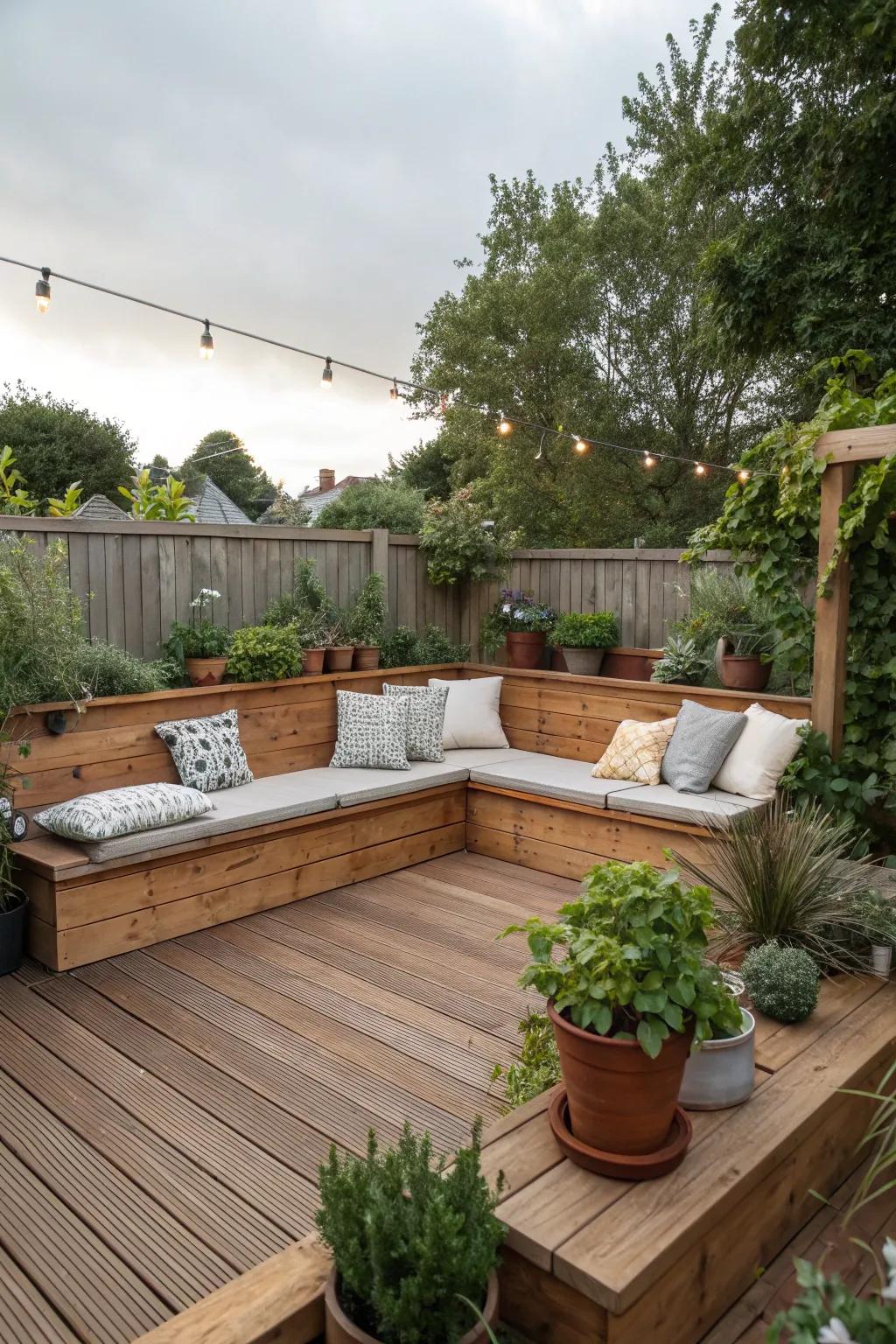 A deck with built-in seating, inviting for morning relaxation.