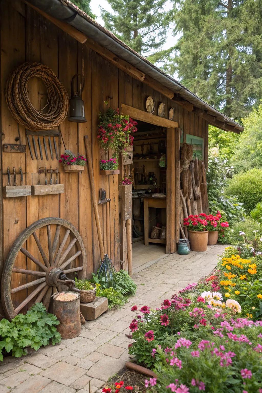 A rustic wood workshop that blends seamlessly with garden aesthetics.