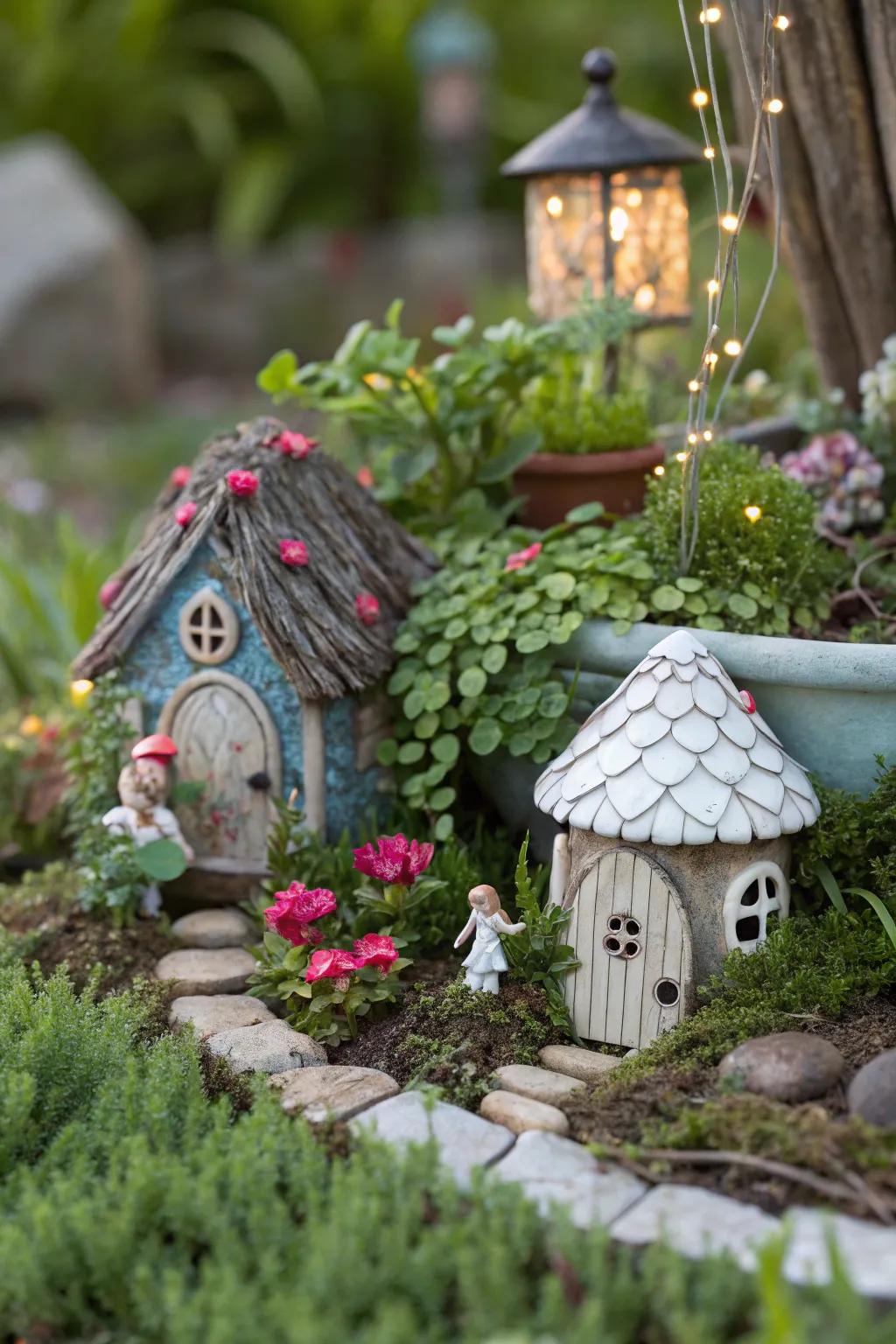 A whimsical fairy garden complete with tiny houses and lush greenery.