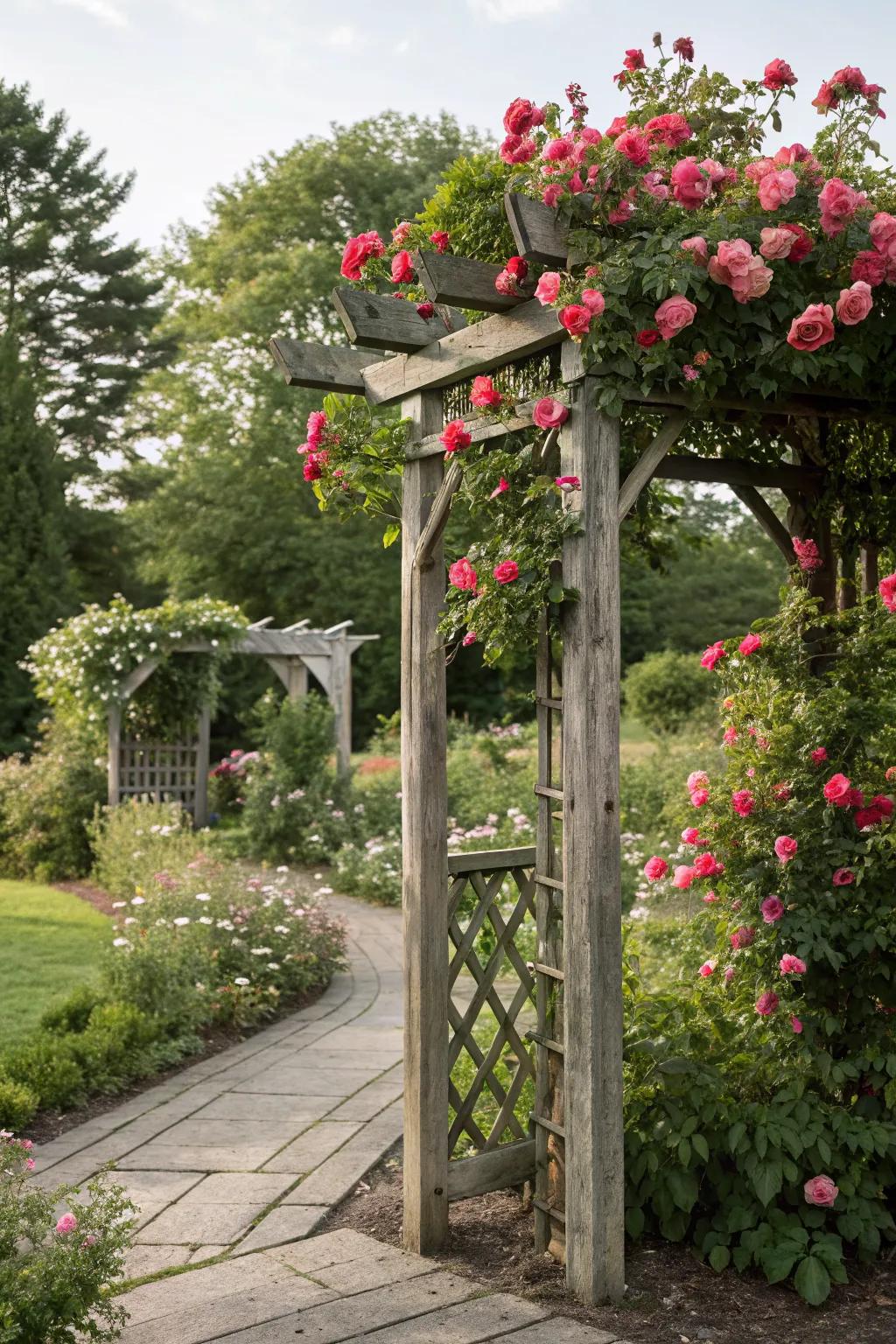A classic wooden arbor adorned with climbing roses offers timeless beauty.