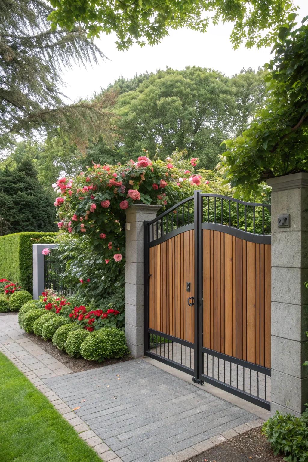 A modern gate that beautifully combines wood and metal for a stunning entrance.