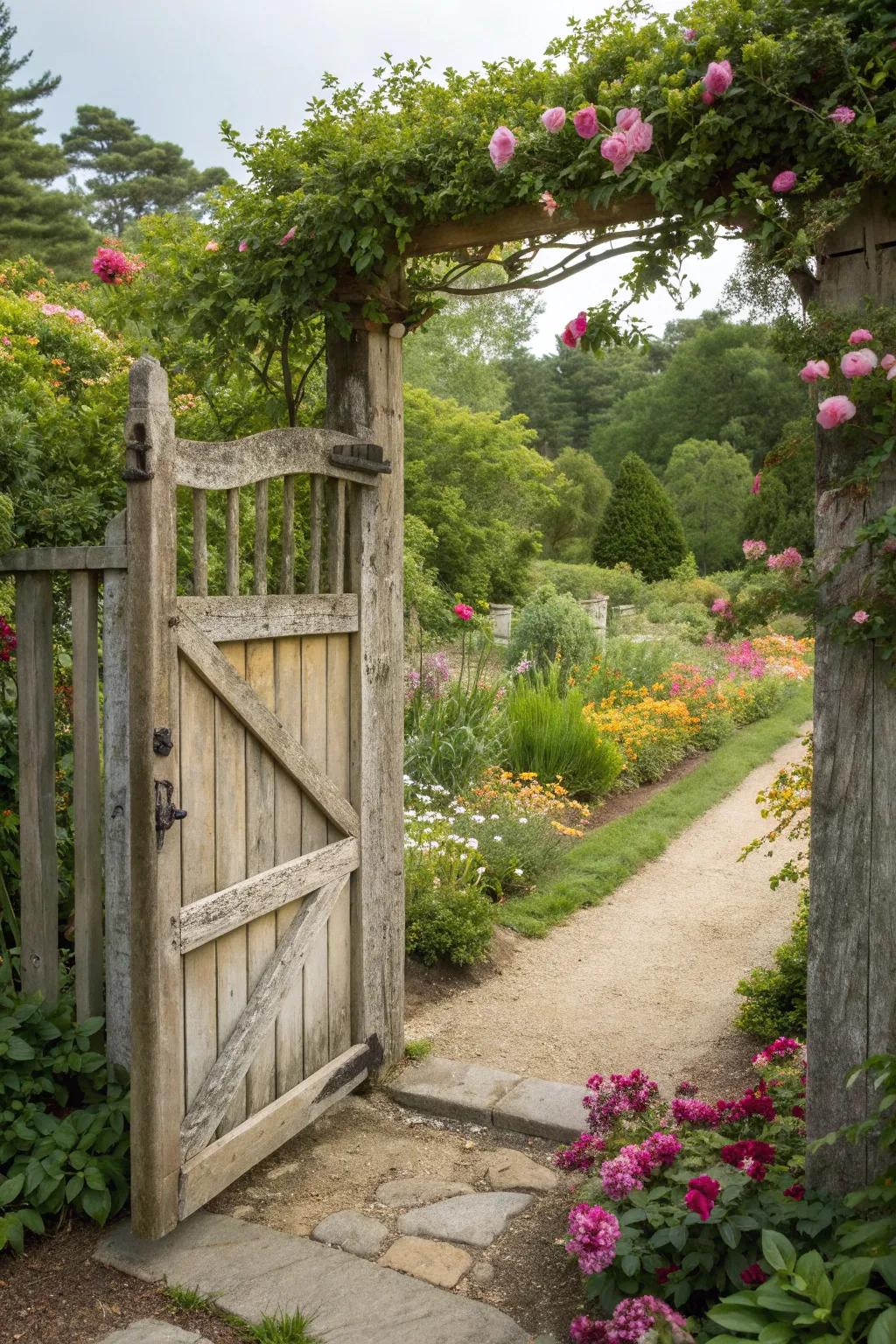 A classic wooden gate nestled amid a vibrant garden.