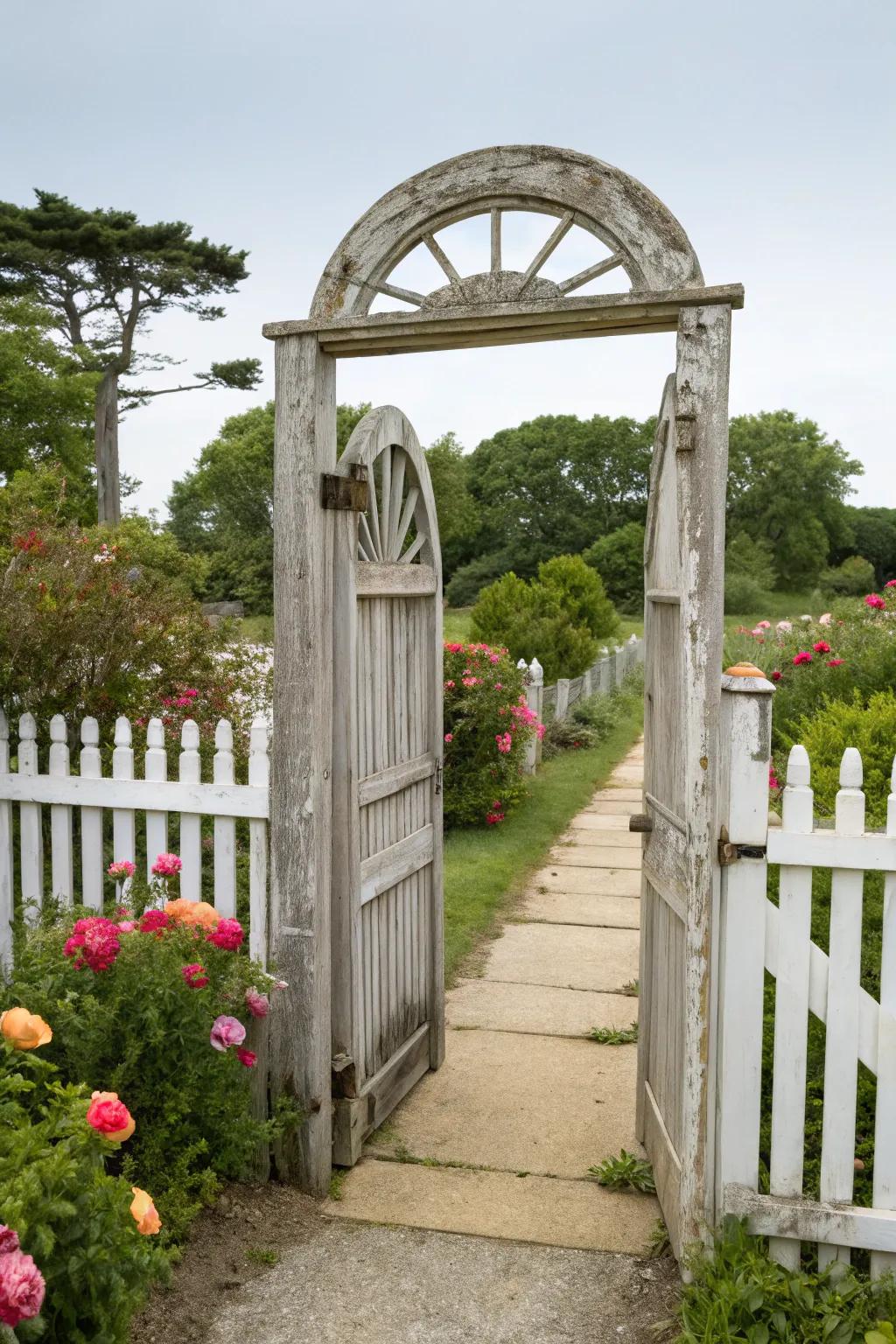 A charming arched wooden gate exudes timeless appeal.