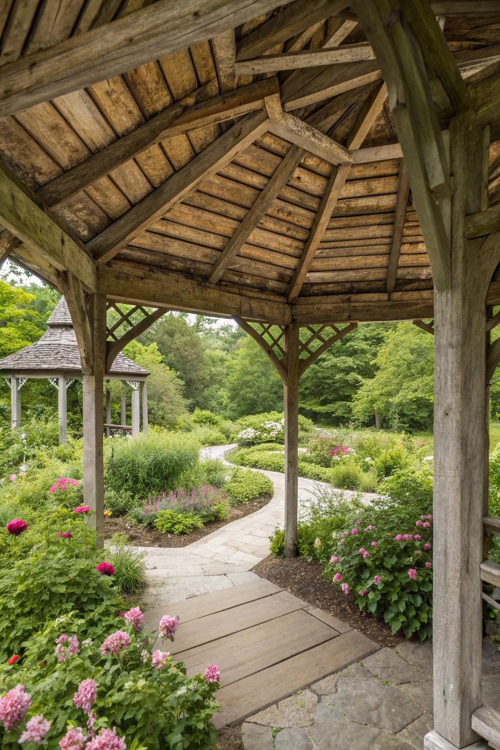 Exposed wooden beams add rustic charm to any gazebo.