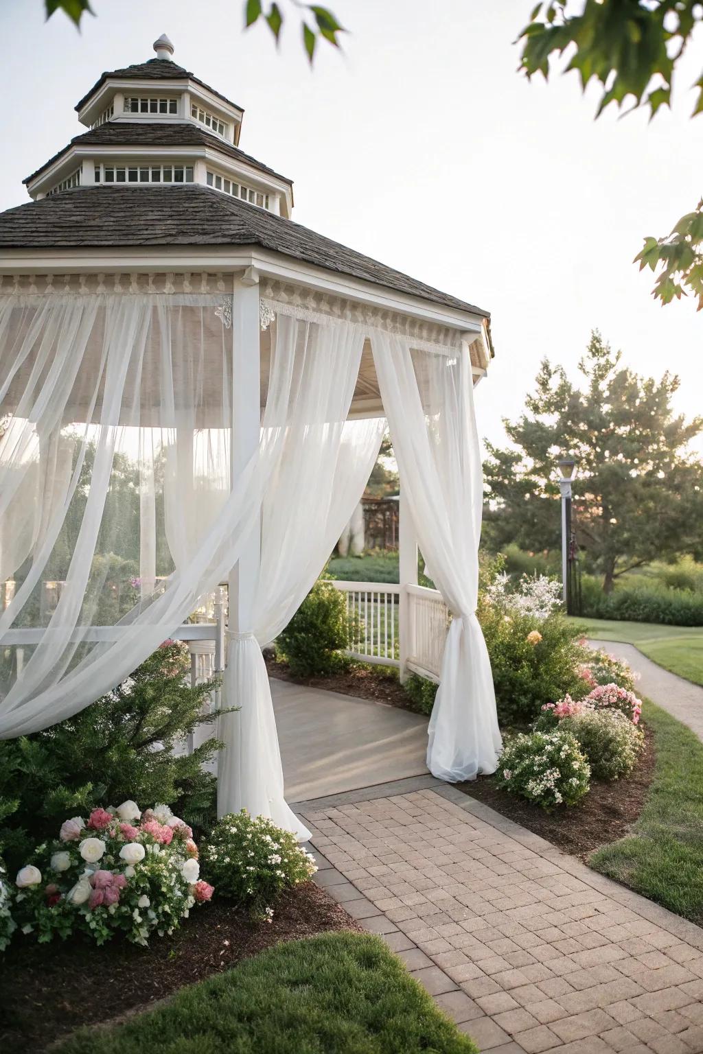 Sheer curtains create a light and airy atmosphere, perfect for a relaxing escape.