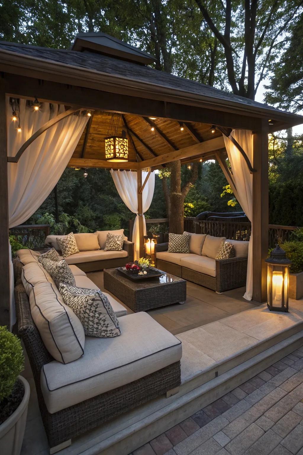 Create a cozy outdoor living room in your gazebo for ultimate relaxation.