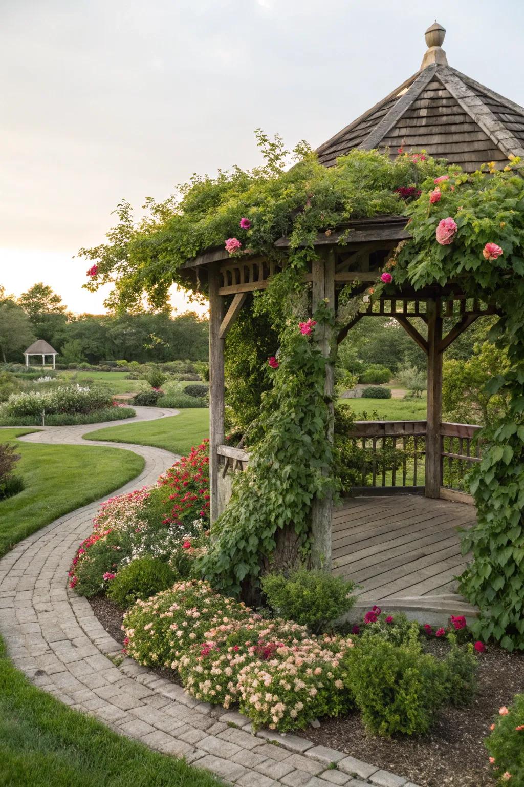 Embrace rustic charm with a wooden gazebo adorned with climbing vines.