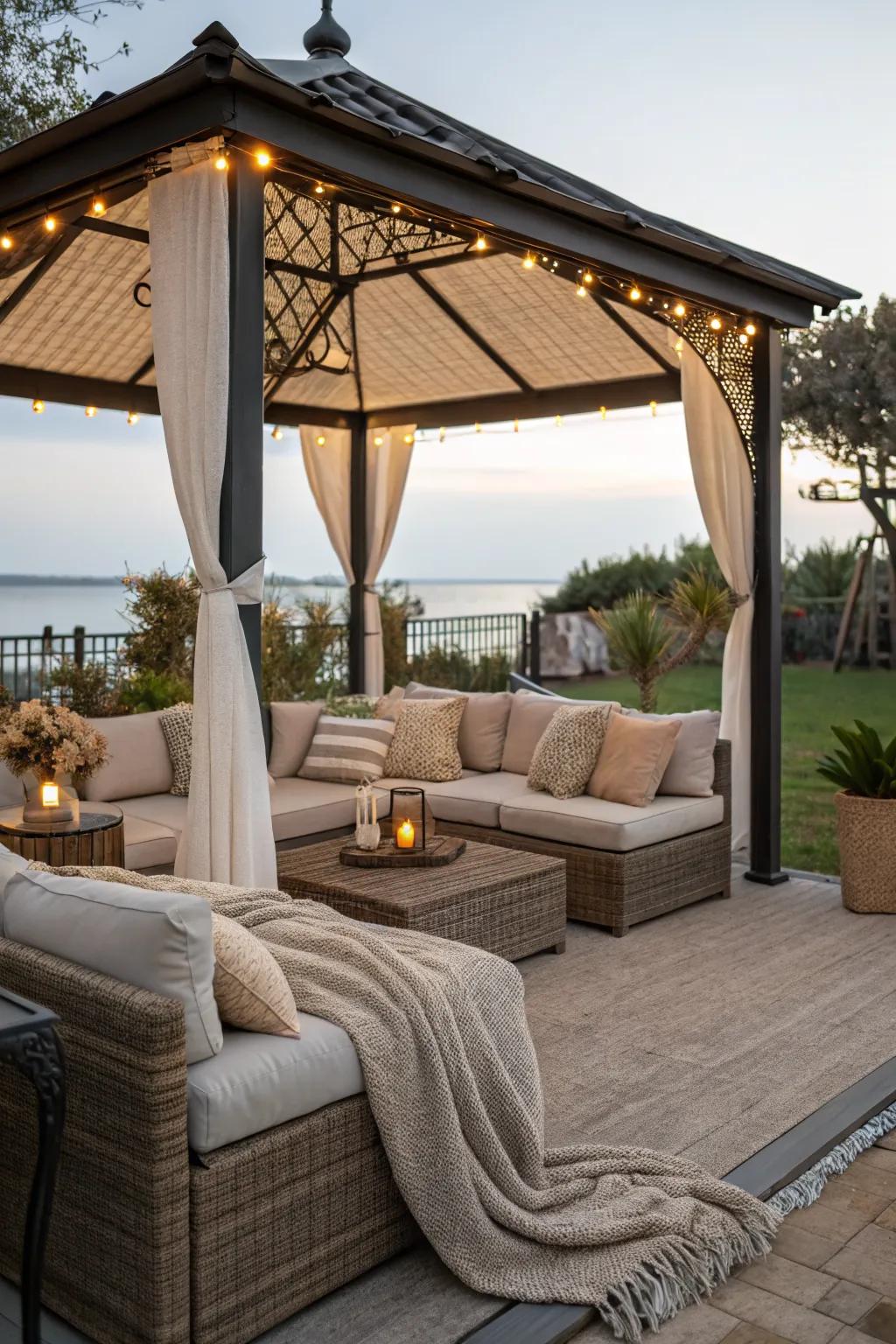 Create a comfy corner with rattan furniture and plush cushions.