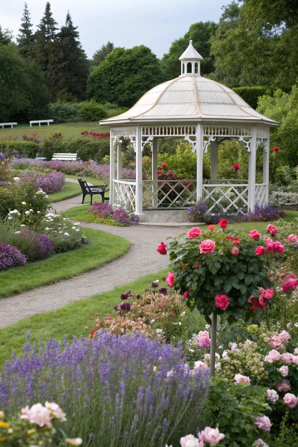 A gazebo enveloped by a vibrant array of roses and lavender.