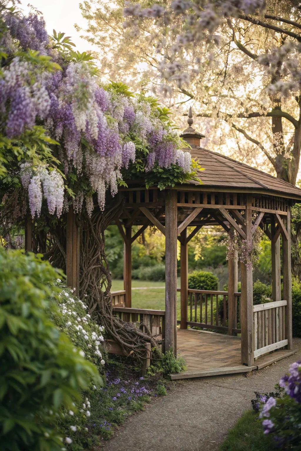 A gazebo elegantly draped with colorful wisteria and honeysuckle vines.