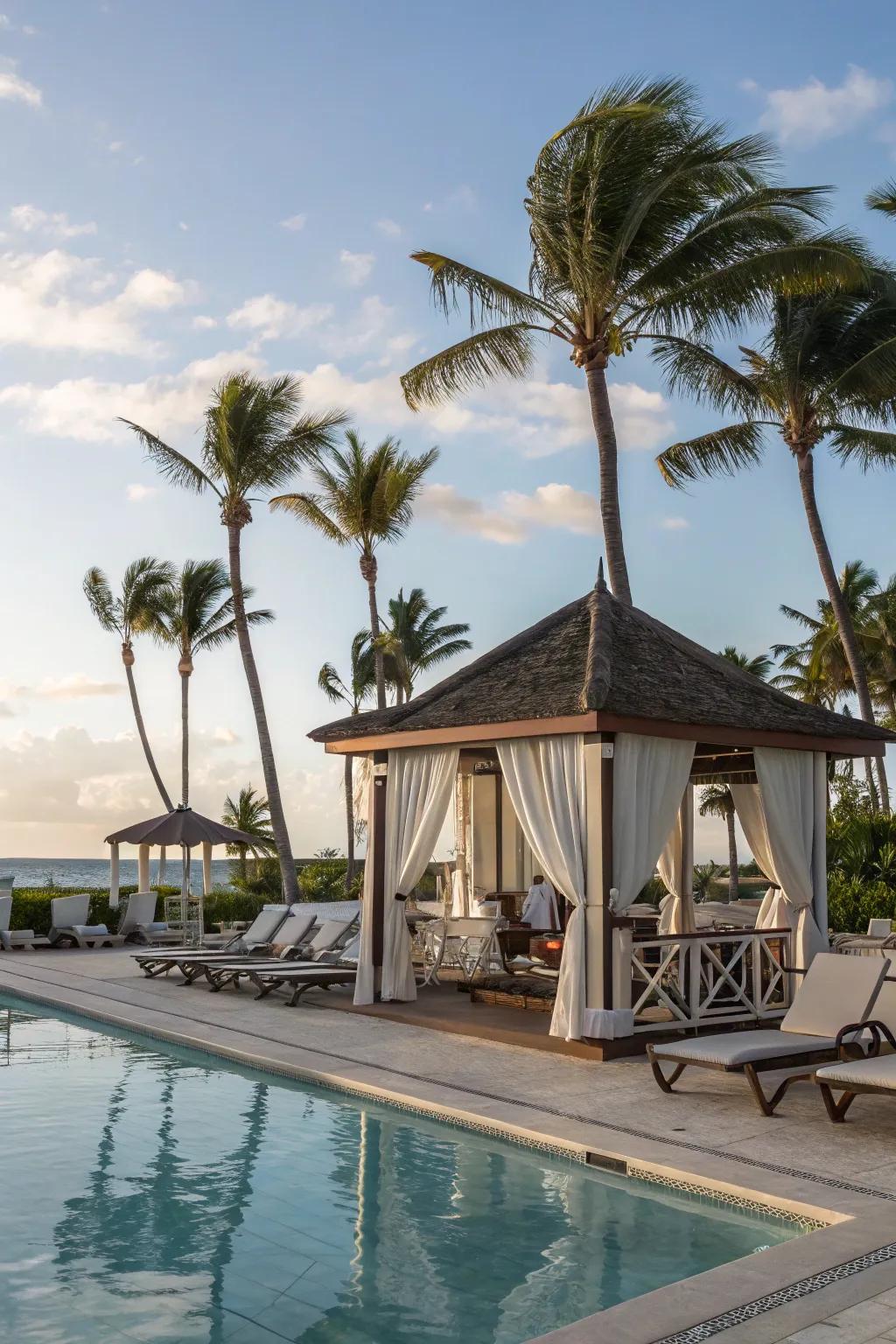 Transform your poolside with a cozy gazebo oasis.