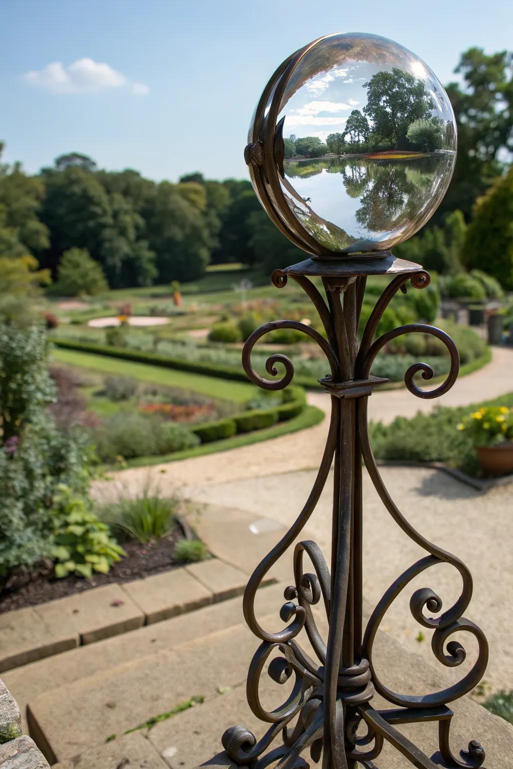 An intricate metal stand adds a classic touch to this gazing ball display.