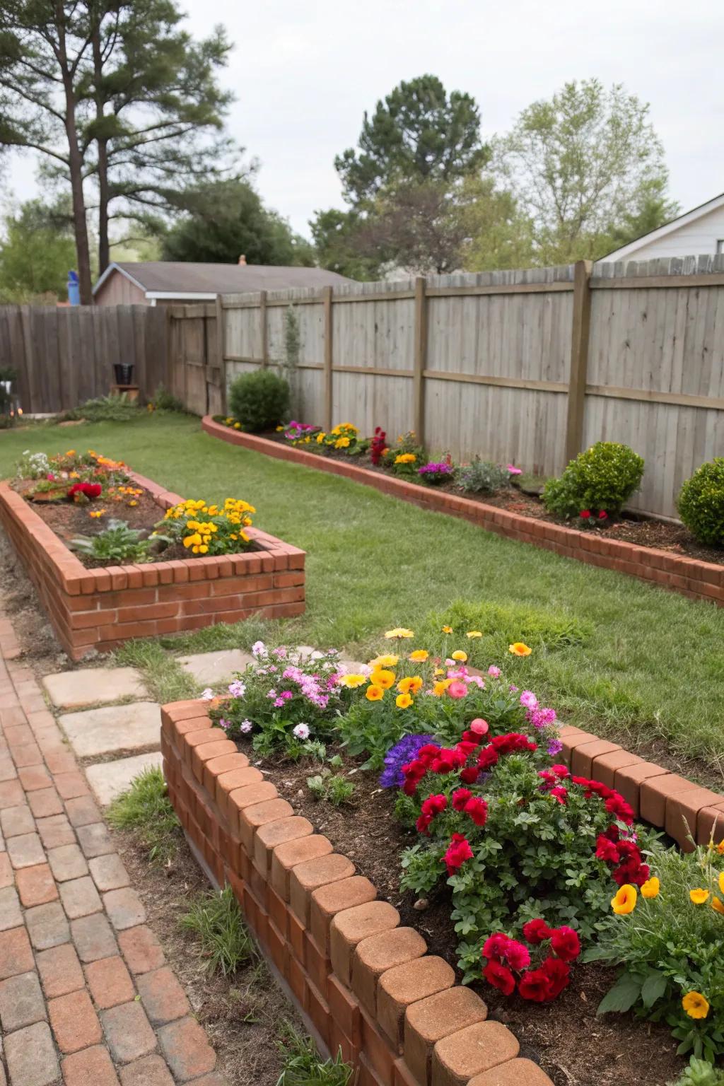 Garden borders with bricks and vibrant flowers add charm.