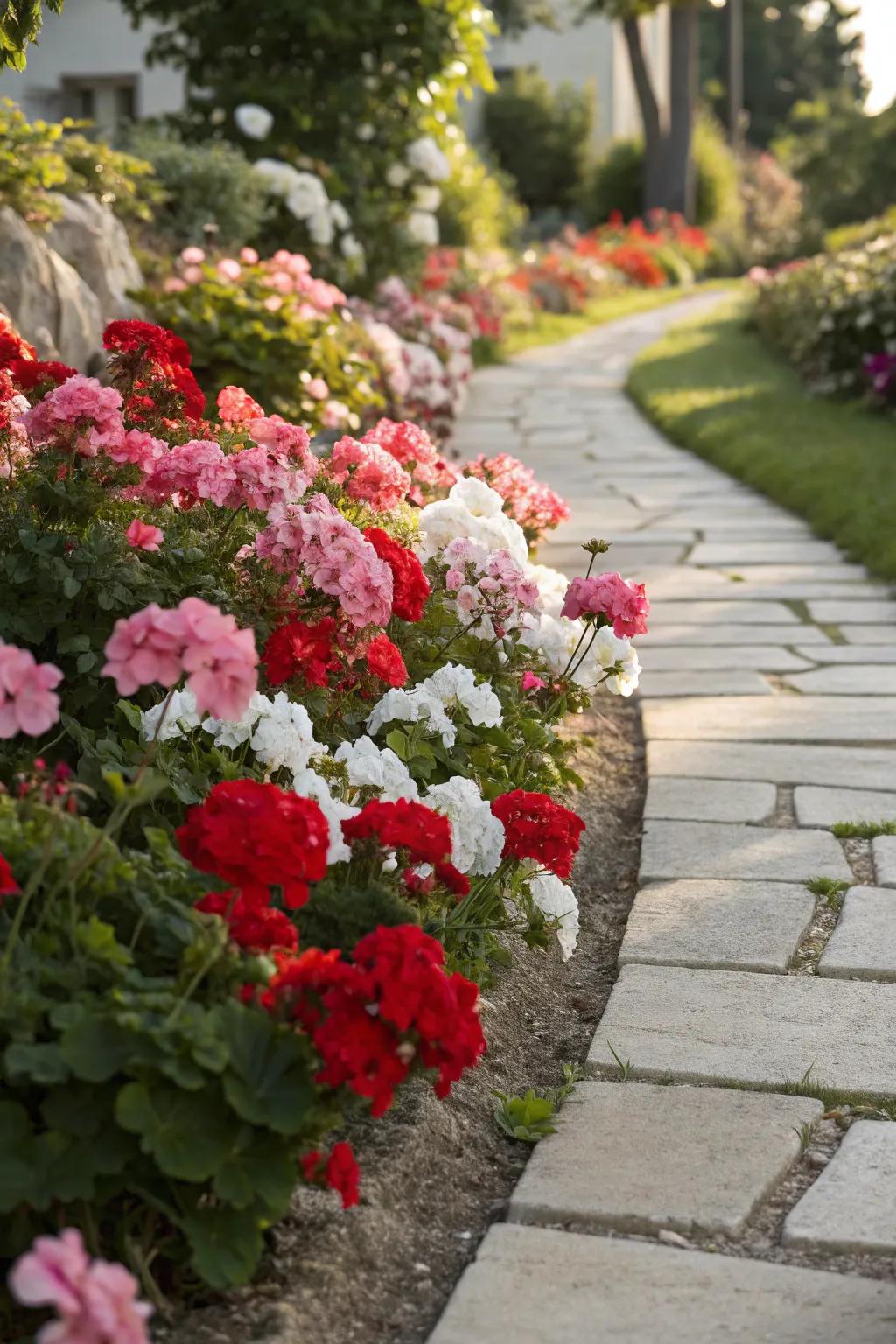 A garden path bordered with stunningly colorful geraniums.