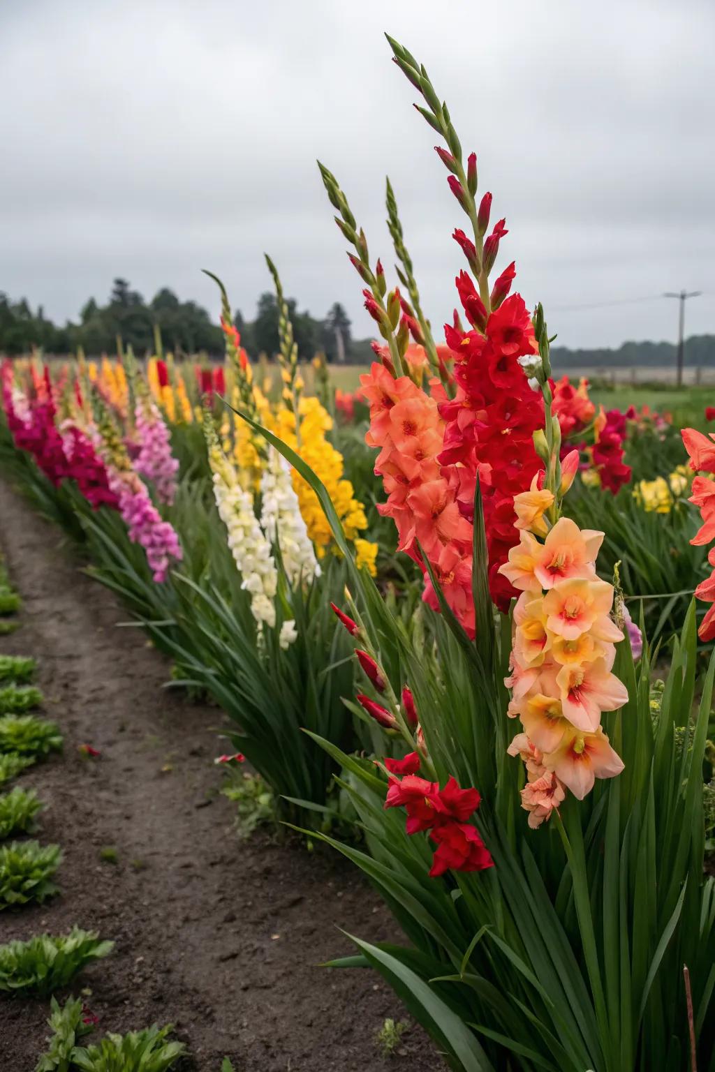 Bold clusters of gladiolus flowers create a dramatic garden statement.