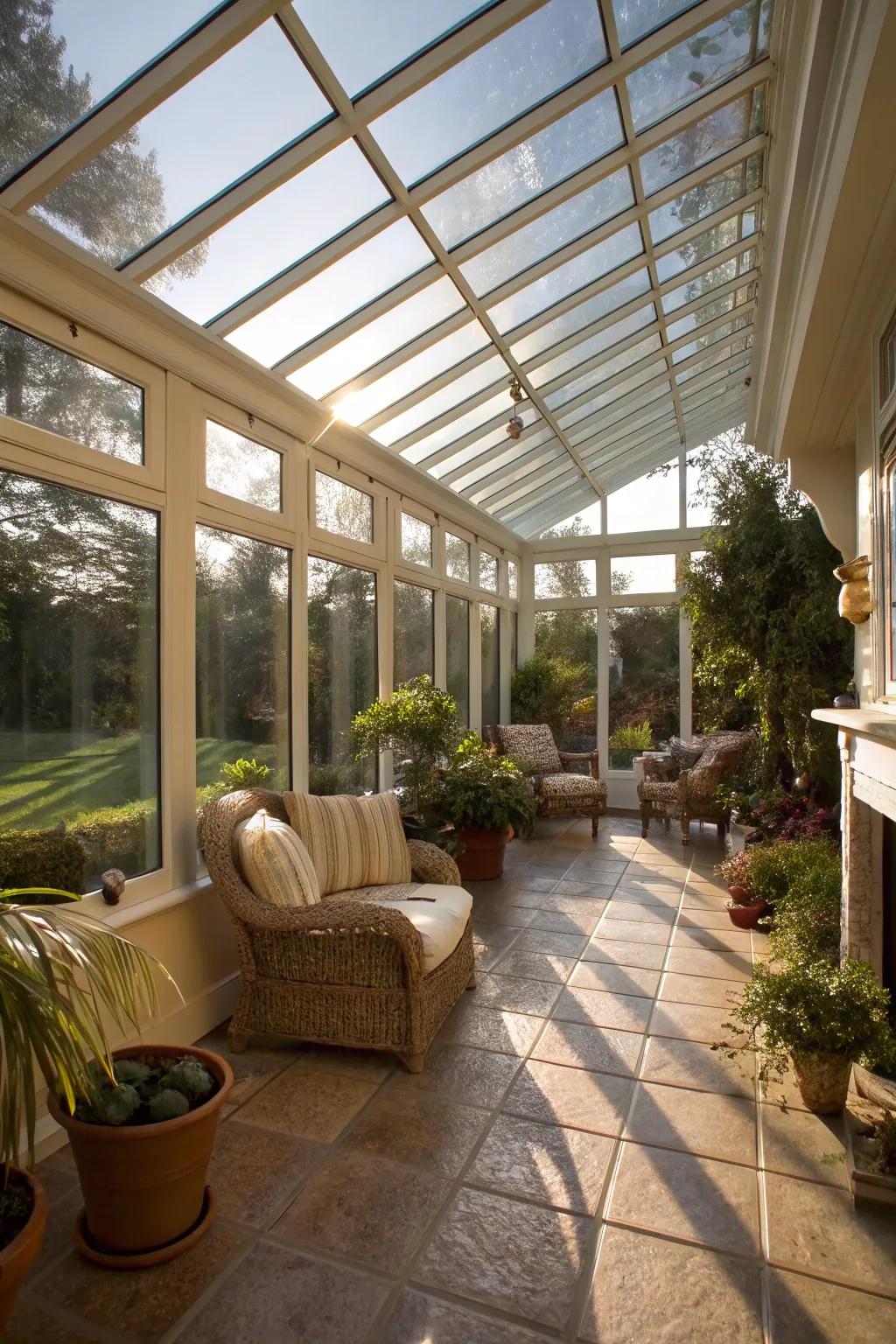 A sunlit retreat with floor-to-ceiling glass panels that invite warmth and light.