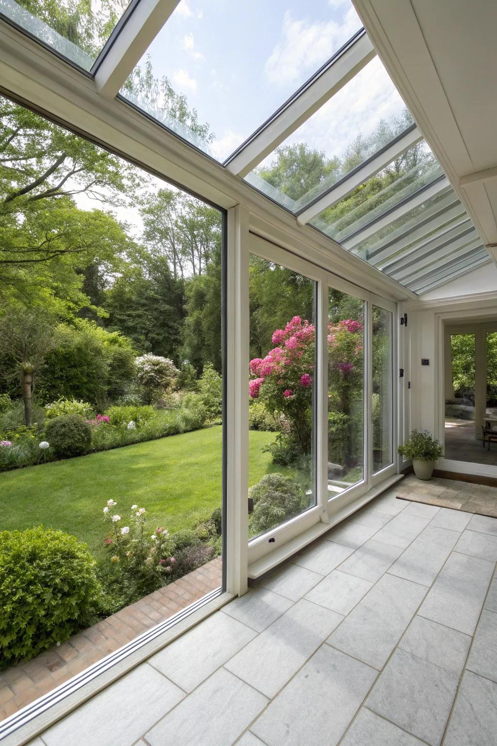 A frameless glass porch offering an uninterrupted garden view.