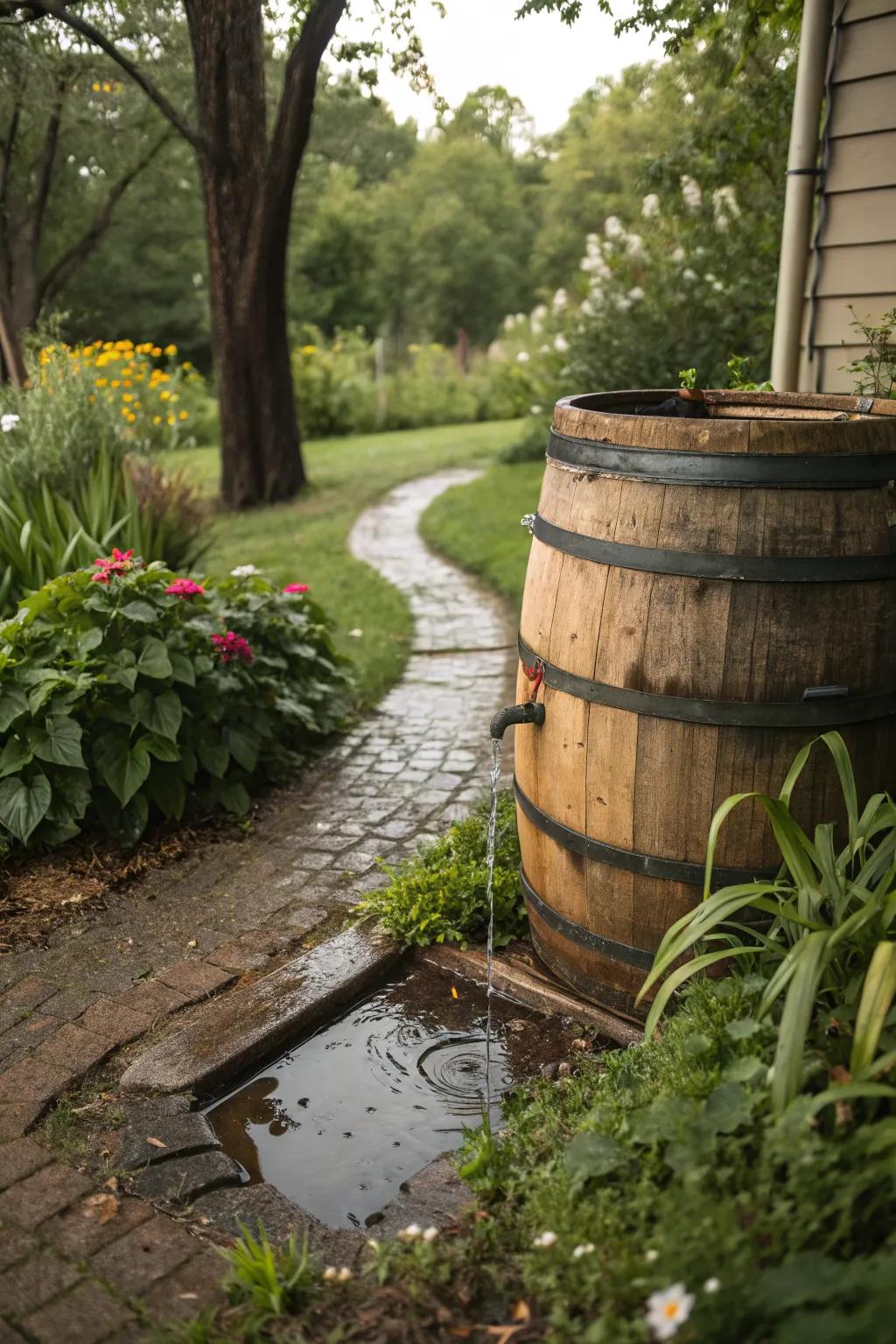 A charming whiskey barrel rain barrel adding rustic charm to the garden