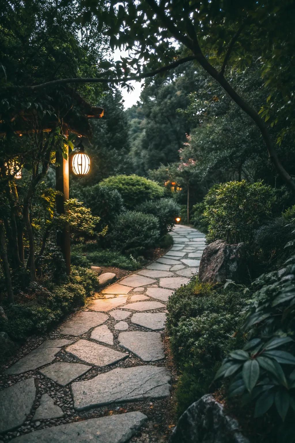 A stone pathway adds mystery to the garden.