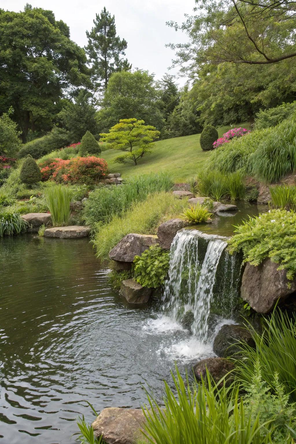 A mini waterfall adds tranquility to a garden oasis.