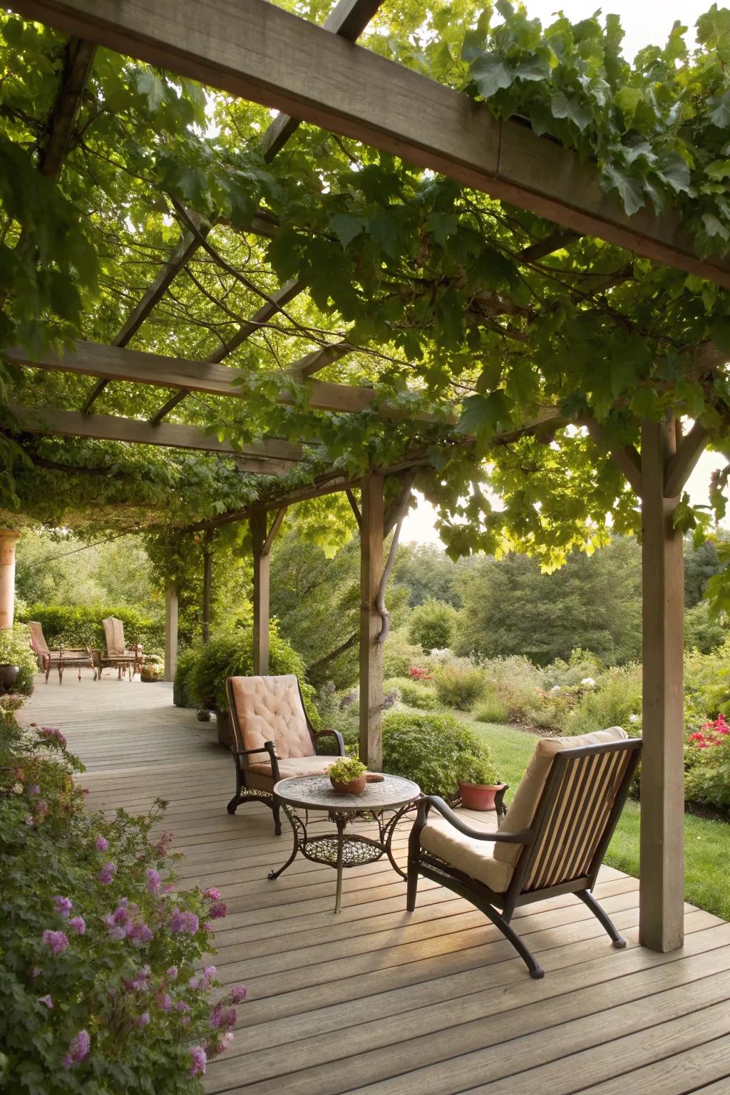 A pergola adorned with grapevines creates a serene garden escape.