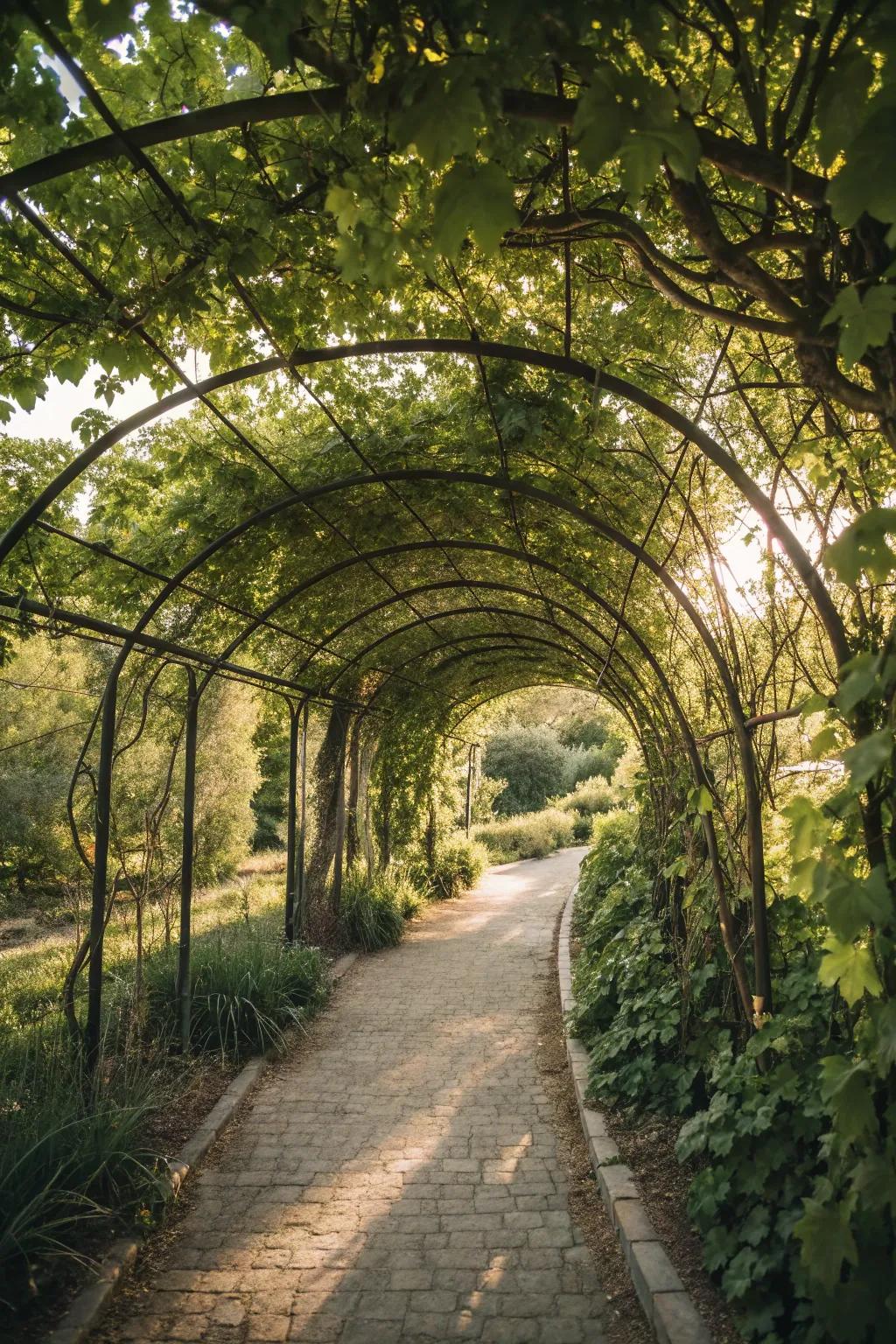 A charming arched trellis covered with grapevines, creating a serene garden walkway.