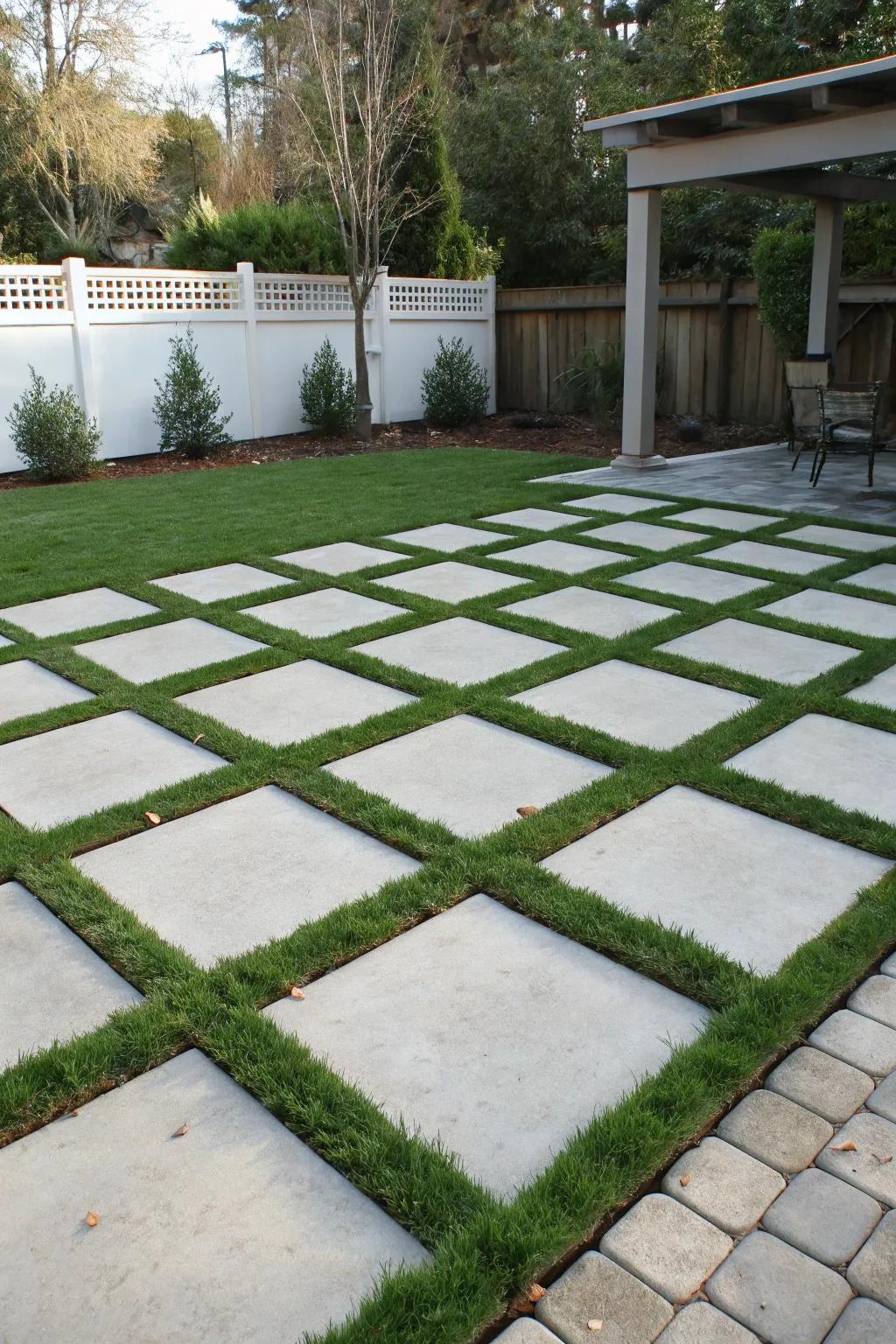 Embrace modern design with a geometric grass and paver layout.