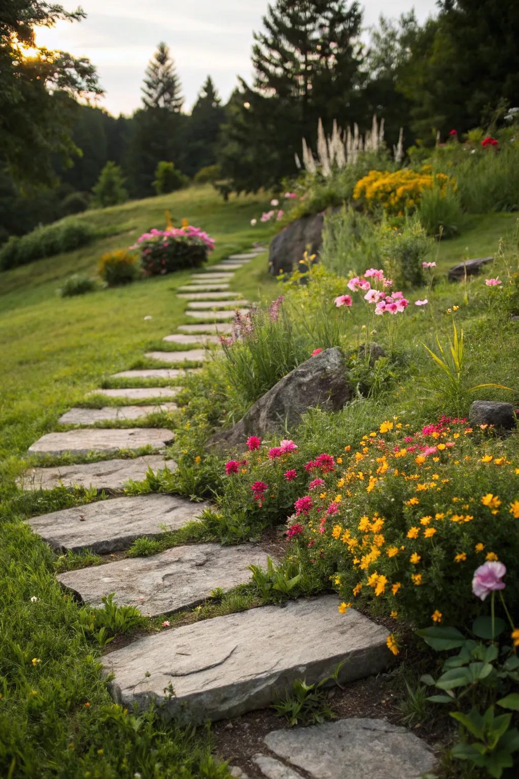 Stepping stones in a vibrant garden setting.