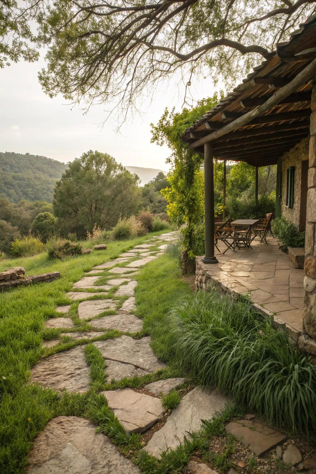 Stone pathways intertwined with grass create a rustic charm.