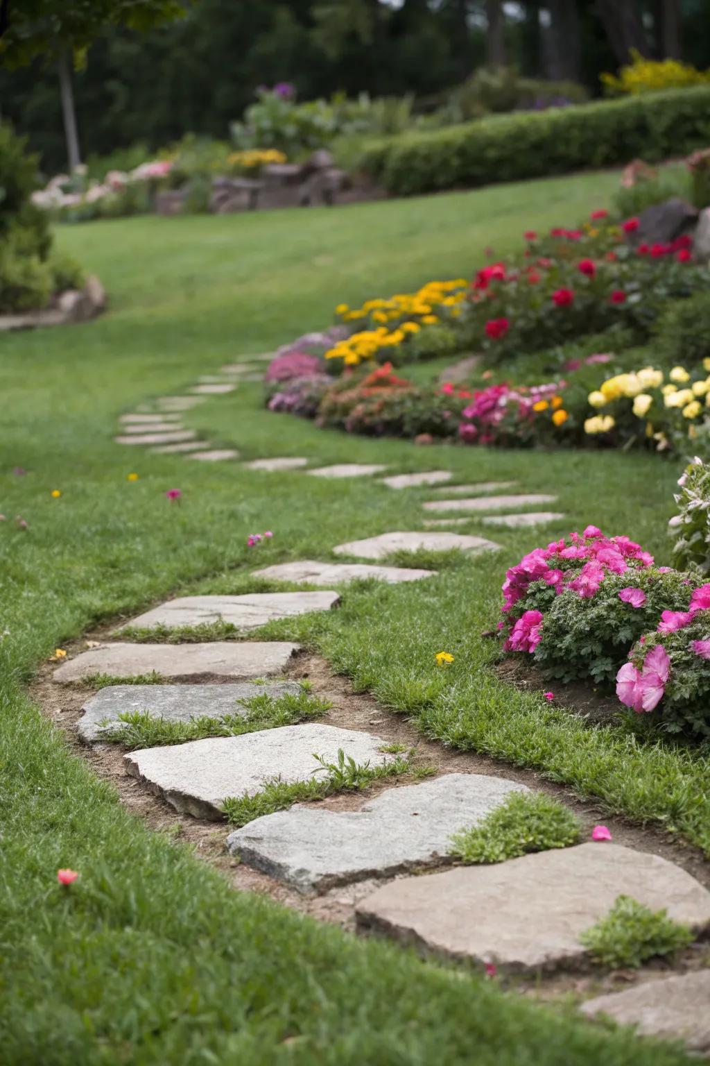 Classic stepping stones embedded in a lush grass walkway.