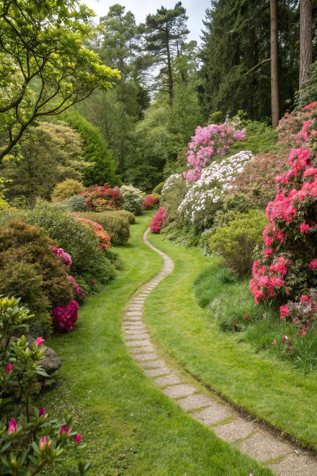A meandering grassy trail surrounded by colorful blooms.